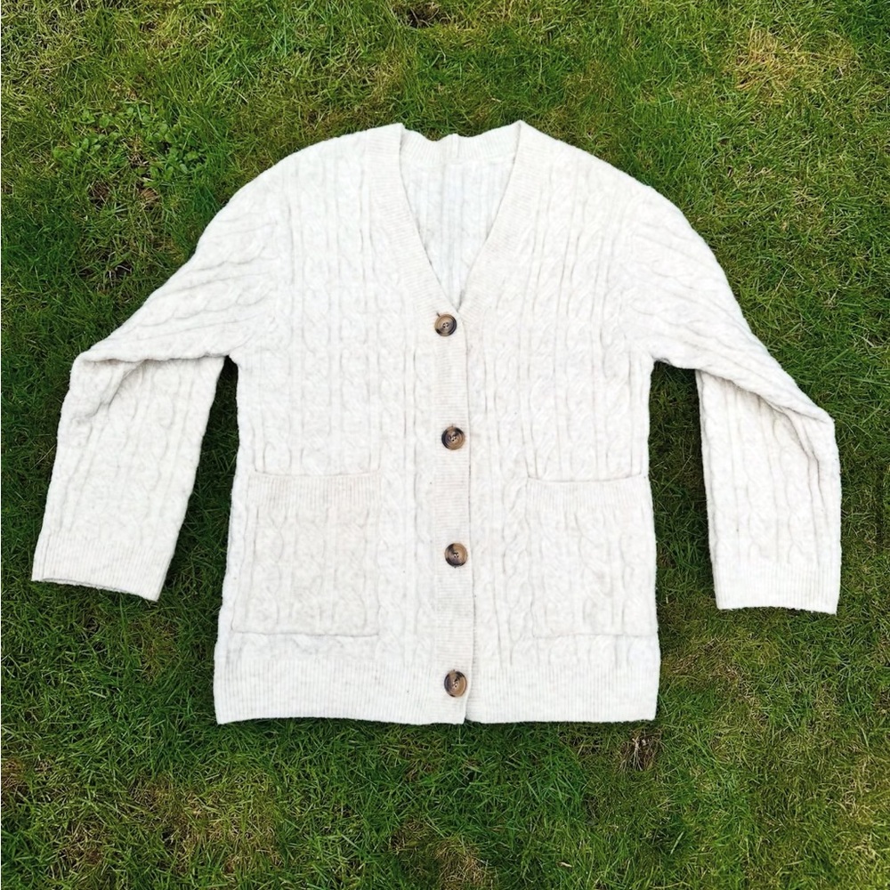 Oatmeal Cable Knit Cream Button-Up Cardigan with Brown Buttons - Picture 1 of 1